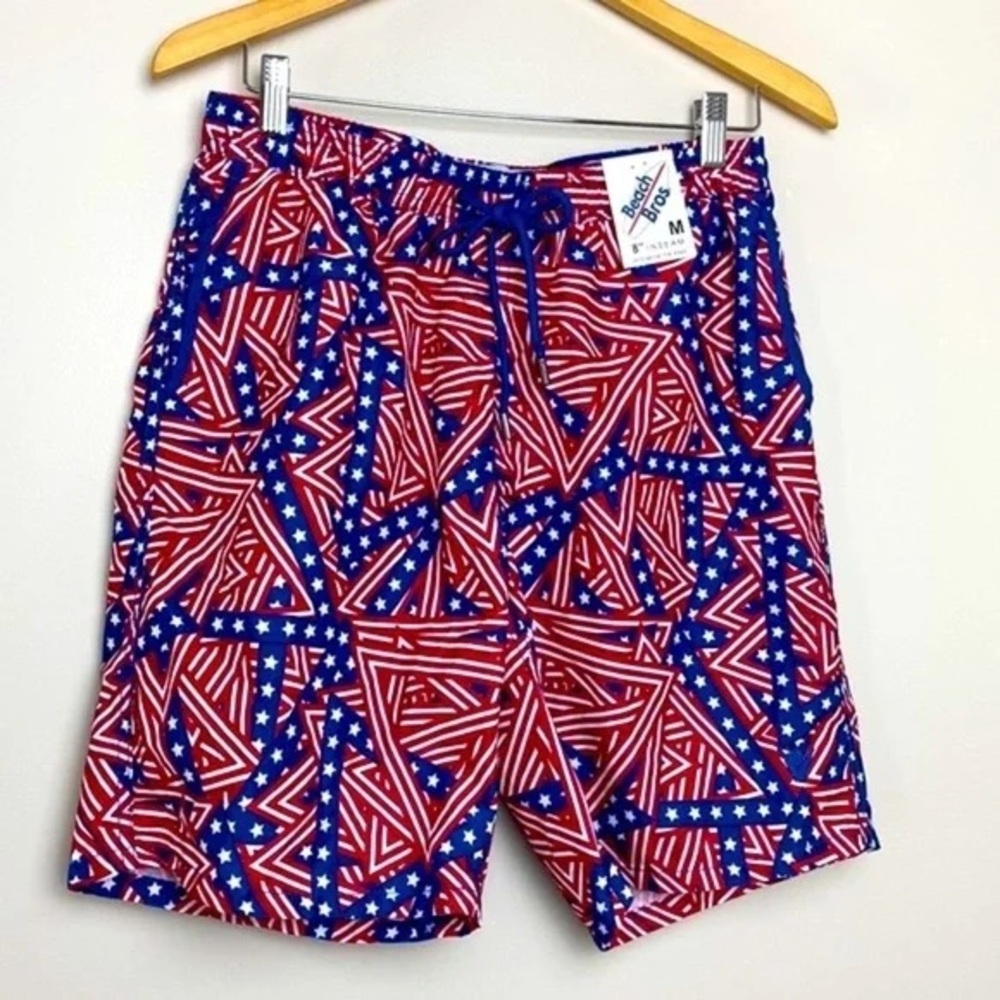 Bold Red and Blue Board Shorts with Geometric Design